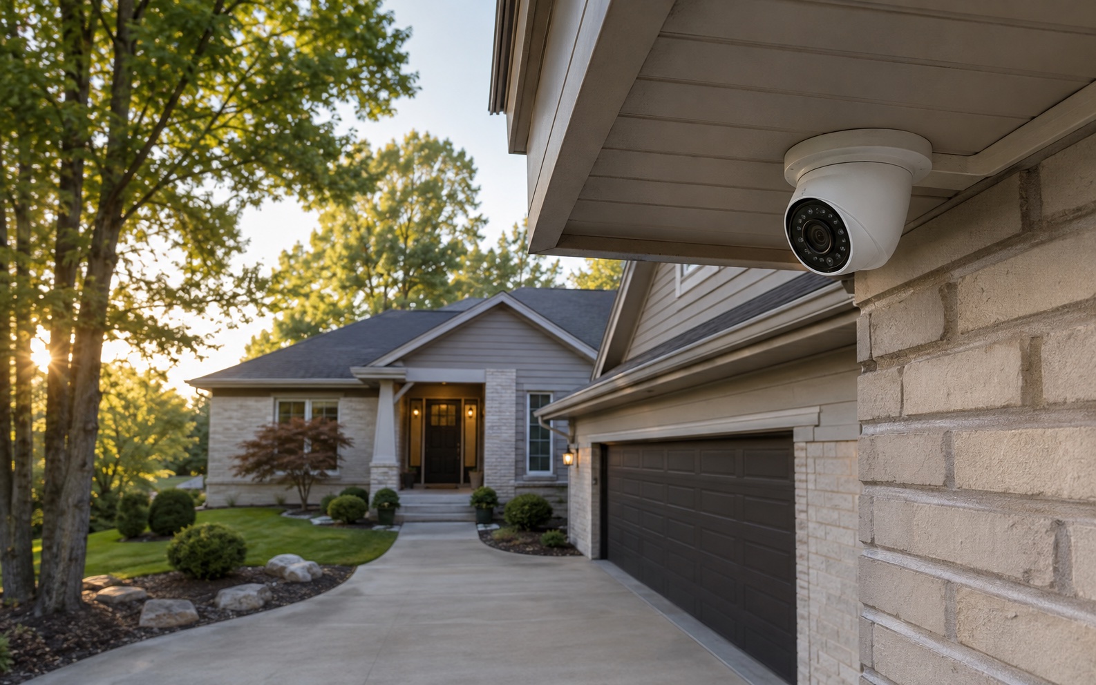 Illustrative home security camera mounted beneath a soffit overlooking a driveway and entrance