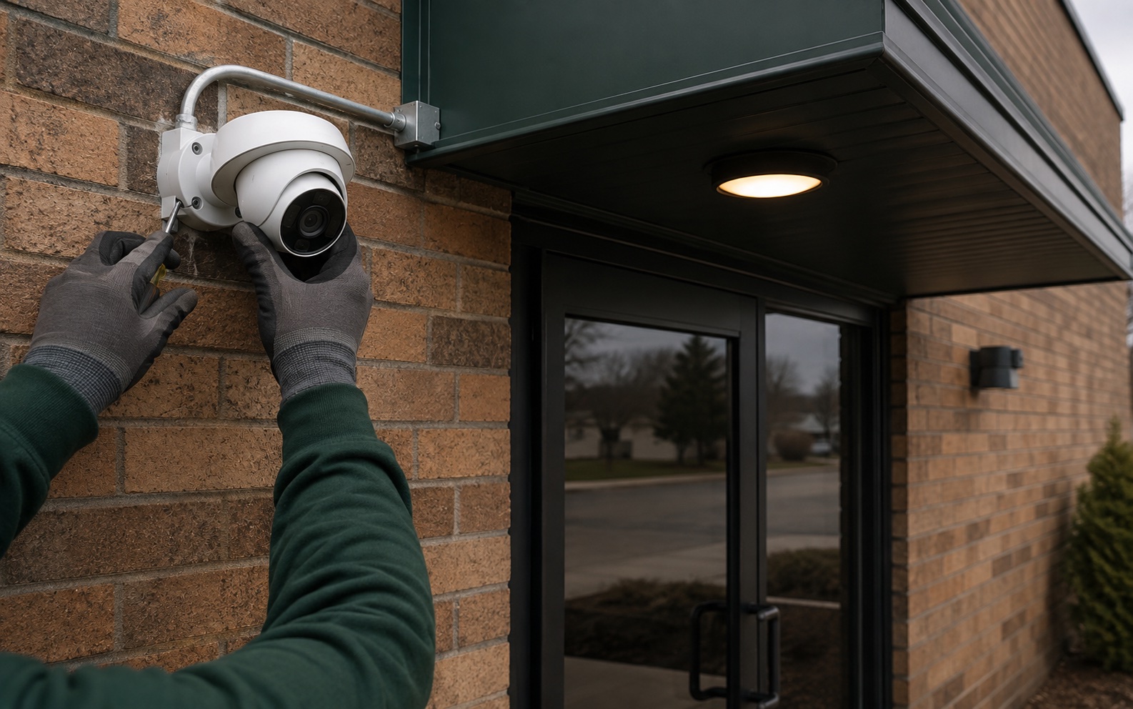 Illustrative close view of a professional exterior camera installation